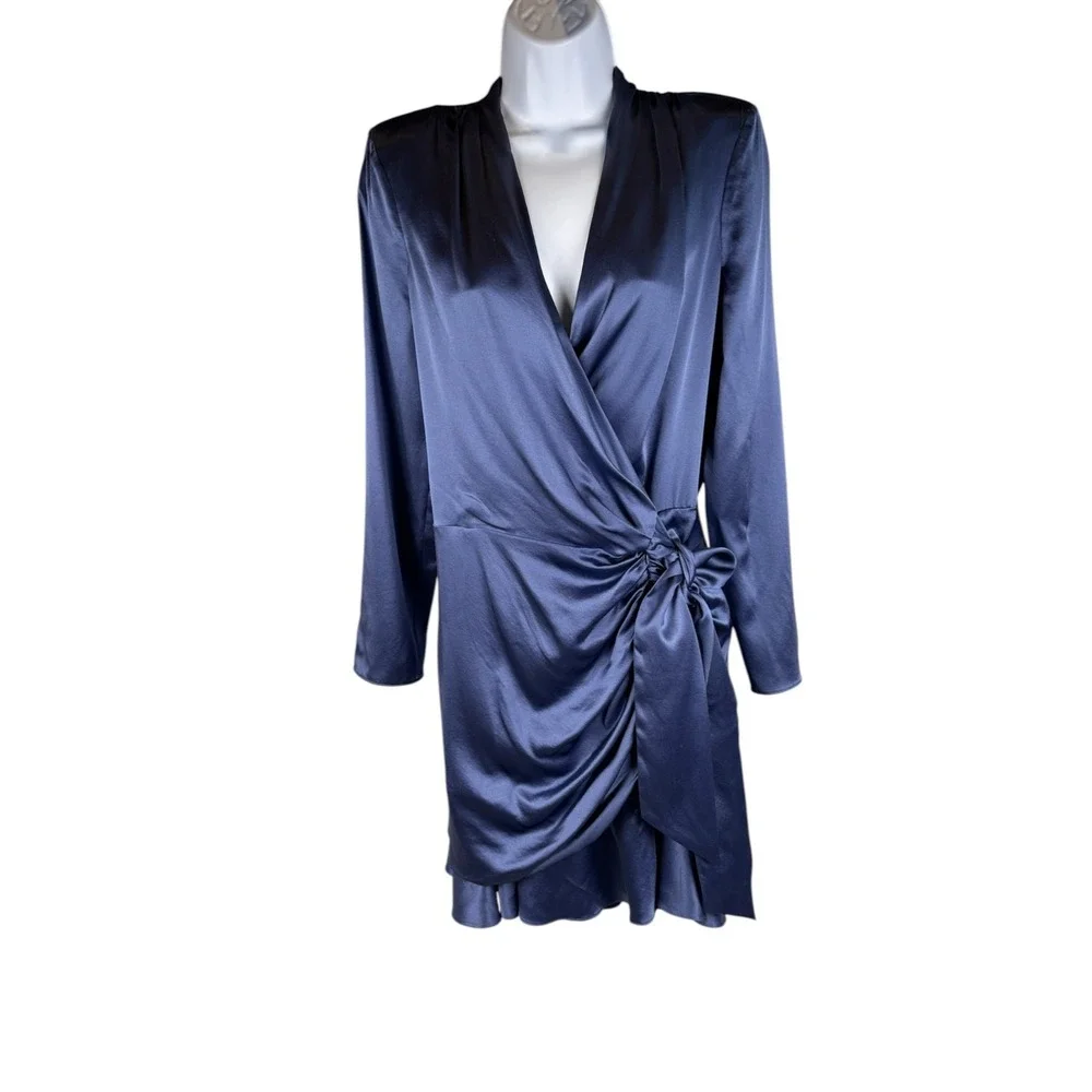 Veronica Beard Agatha Silk Wrap Dress Sz 8 Blue Satin Ruffle Mini - Picture 16 of 16